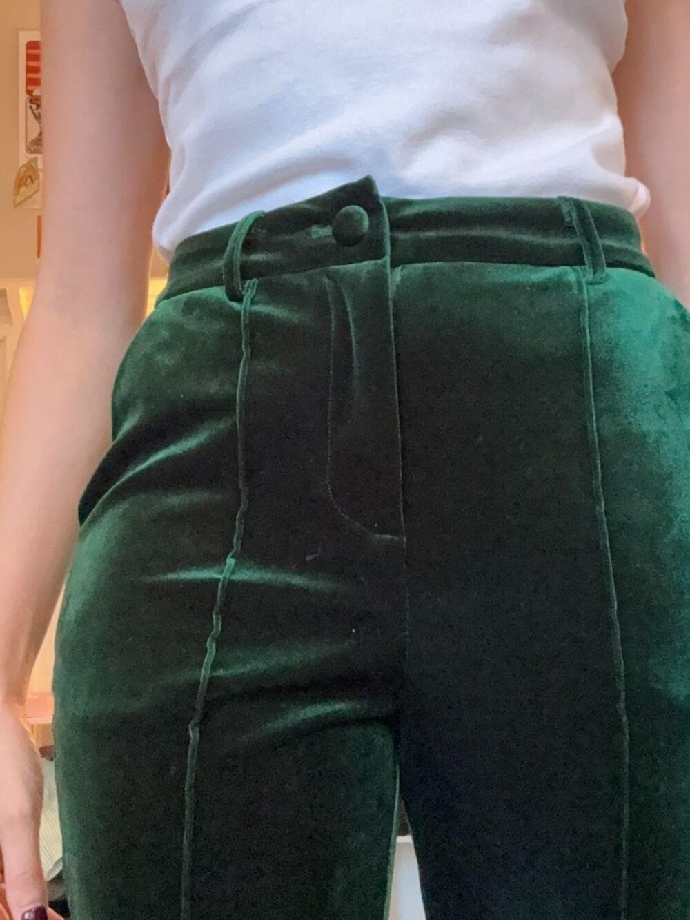 Dark Green Velvet Flare Pants 70s Retro High Rise Size 25